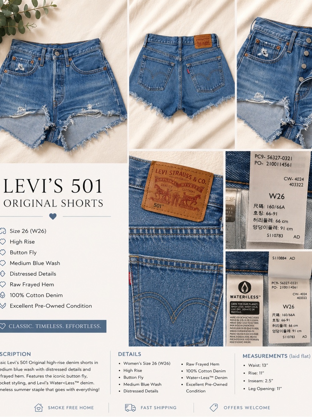 Levi’s 501 Original High Rise Distressed Denim Shorts Size 26 Medium Wash